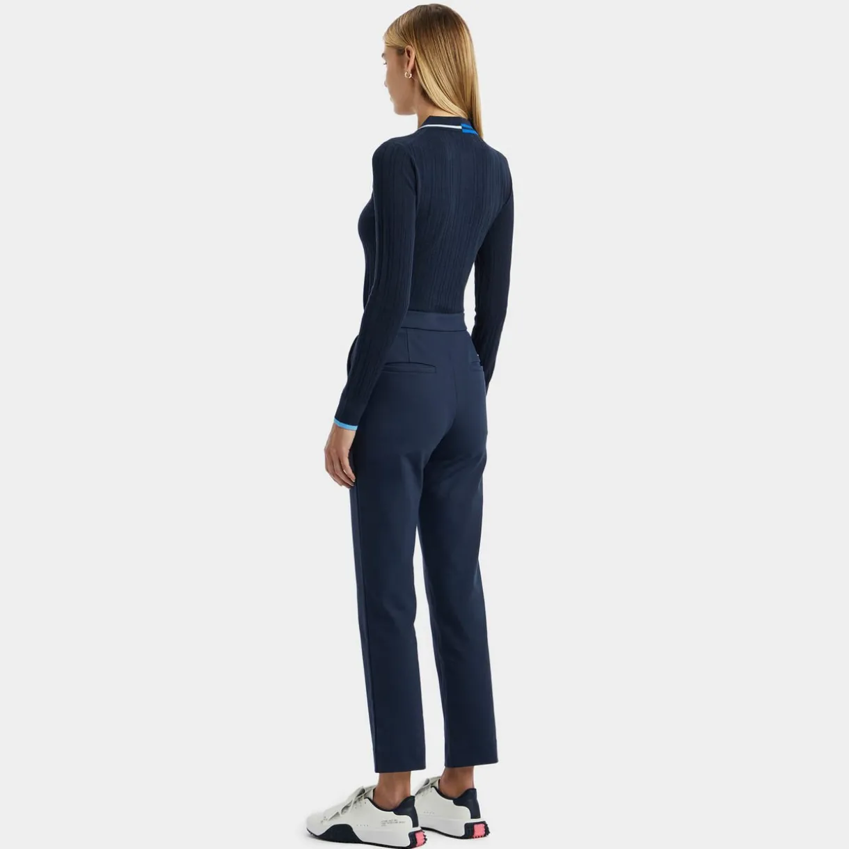 G/FORE Contrast Stripe Cotton Blend Ribbed Long Sleeve Knit Polo- Sweaters