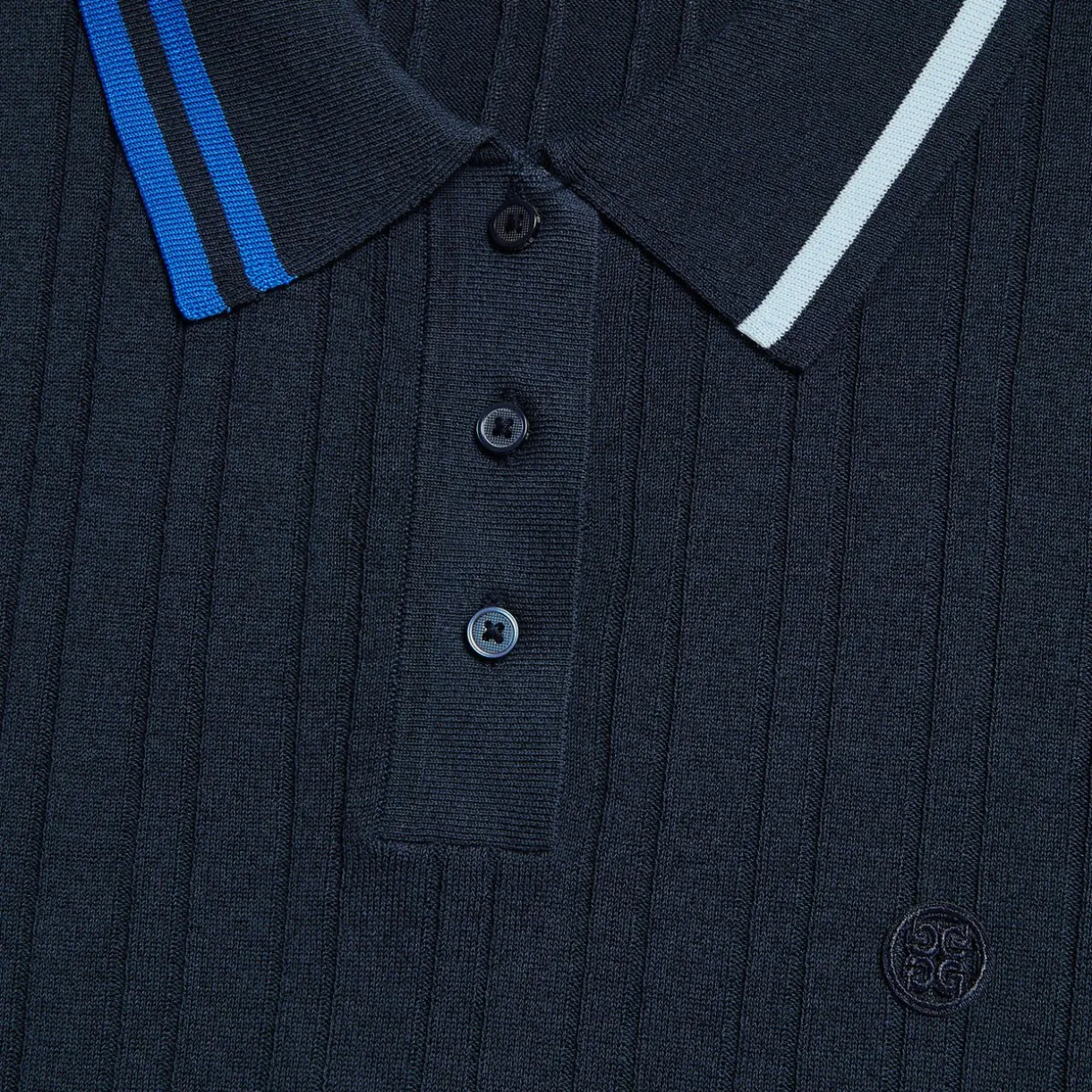 G/FORE Contrast Stripe Cotton Blend Ribbed Long Sleeve Knit Polo- Sweaters
